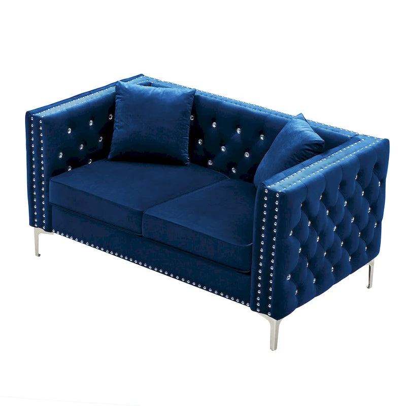 Square Arm Velvet Loveseat with Jeweled buttons and 2 Pillows