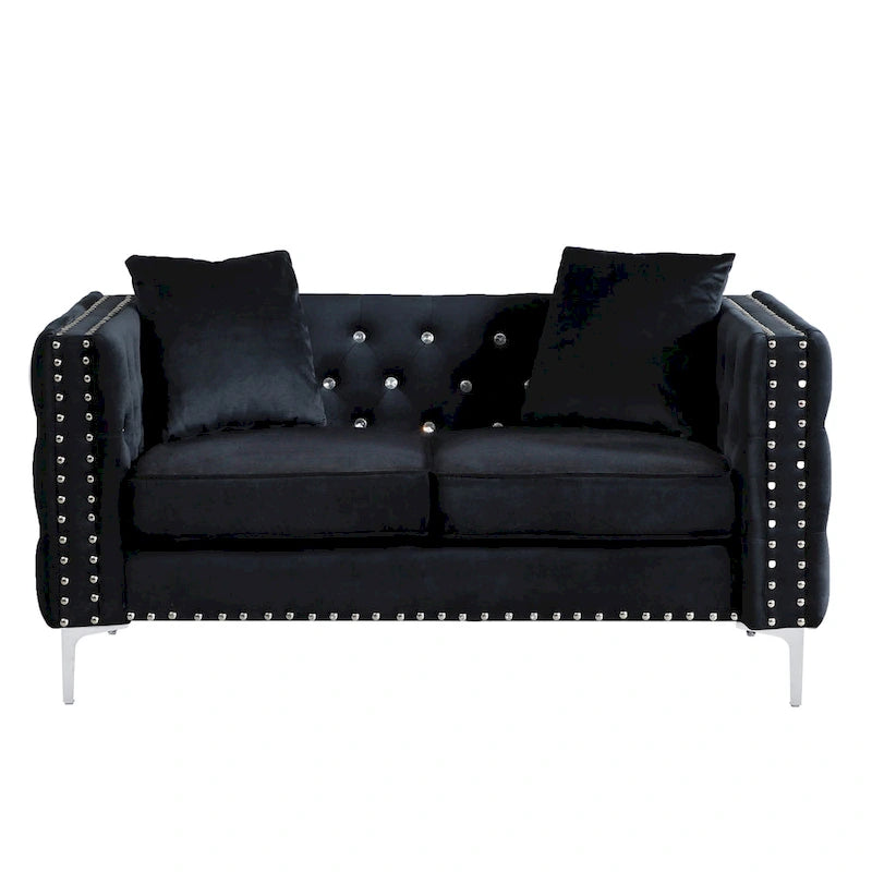 Square Arm Velvet Loveseat with Jeweled buttons and 2 Pillows