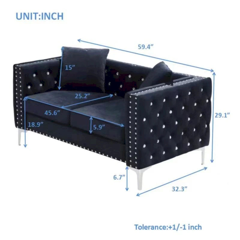 Square Arm Velvet Loveseat with Jeweled buttons and 2 Pillows