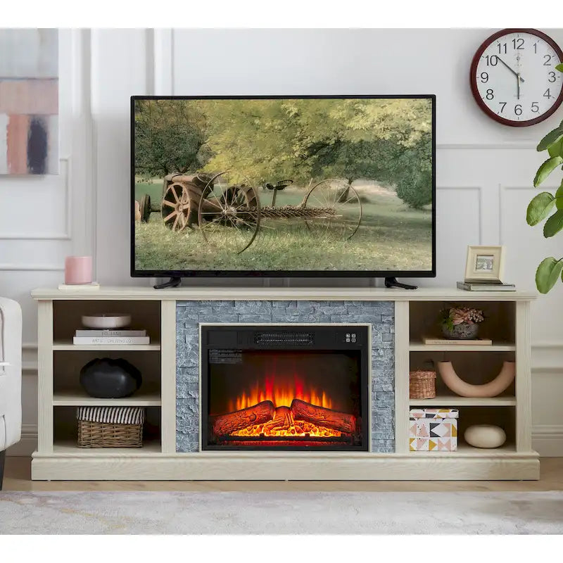 Modern TV Media Stand with 23  Fireplace Insert, Large Faux Stacked Stone TV Desk Storage Rack