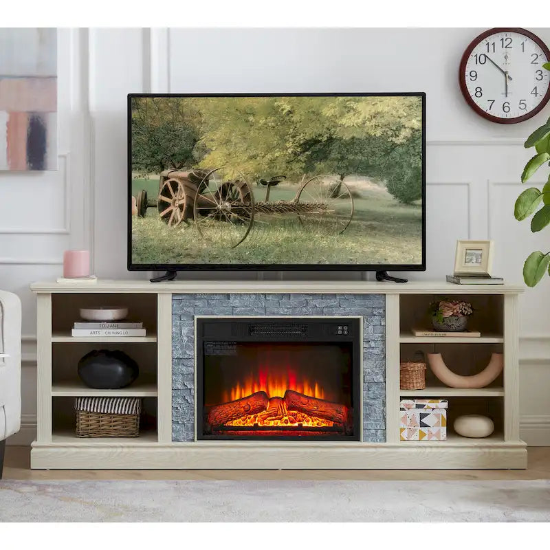 Modern TV Media Stand with 23  Fireplace Insert, Large Faux Stacked Stone TV Desk Storage Rack