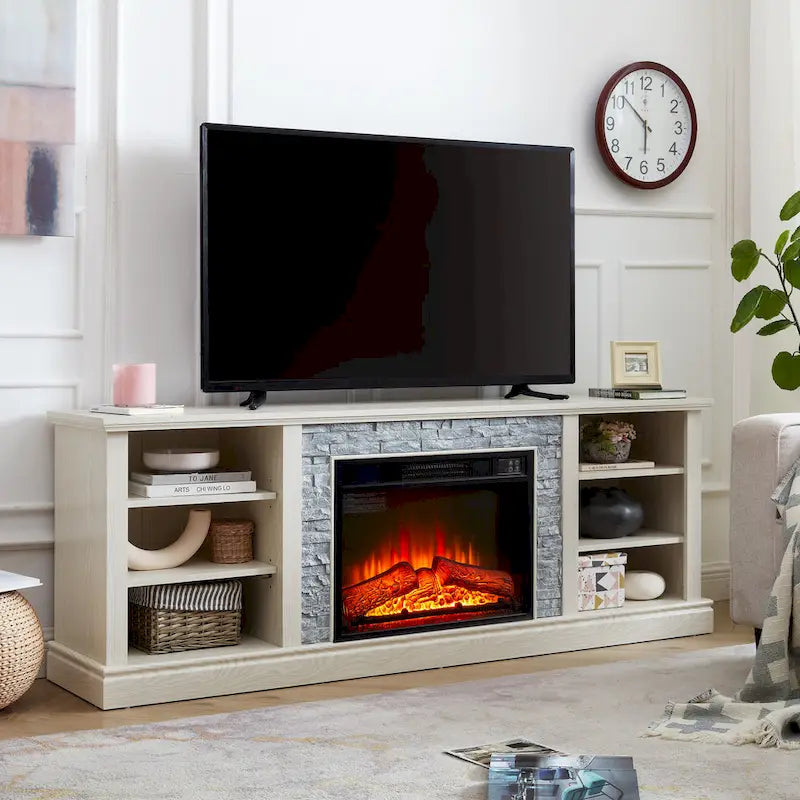 Modern TV Media Stand with 23  Fireplace Insert, Large Faux Stacked Stone TV Desk Storage Rack