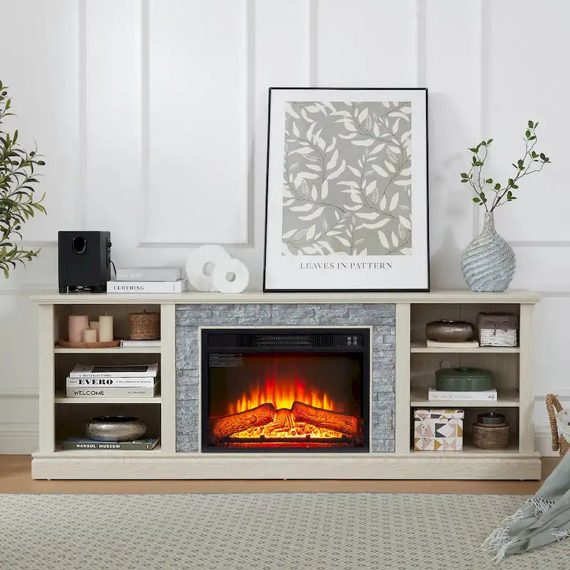 Modern TV Media Stand with 23  Fireplace Insert, Large Faux Stacked Stone TV Desk Storage Rack