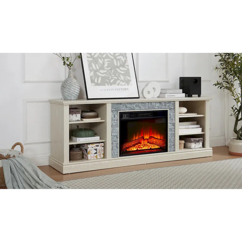 Modern TV Media Stand with 23  Fireplace Insert, Large Faux Stacked Stone TV Desk Storage Rack