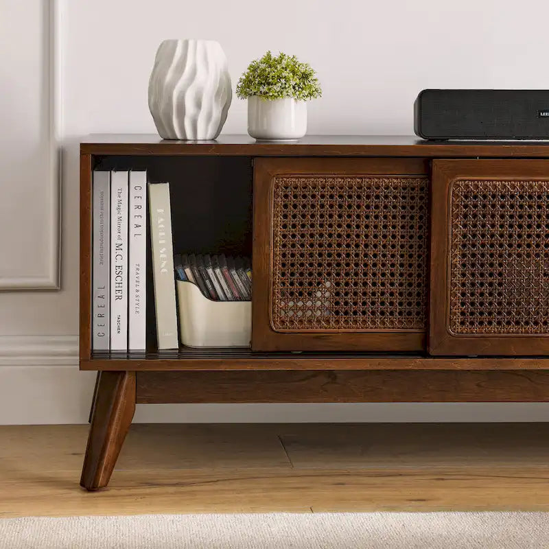 Walnut 59  TV Stand with Open Shelves & Rattan Doors for 65  TVs