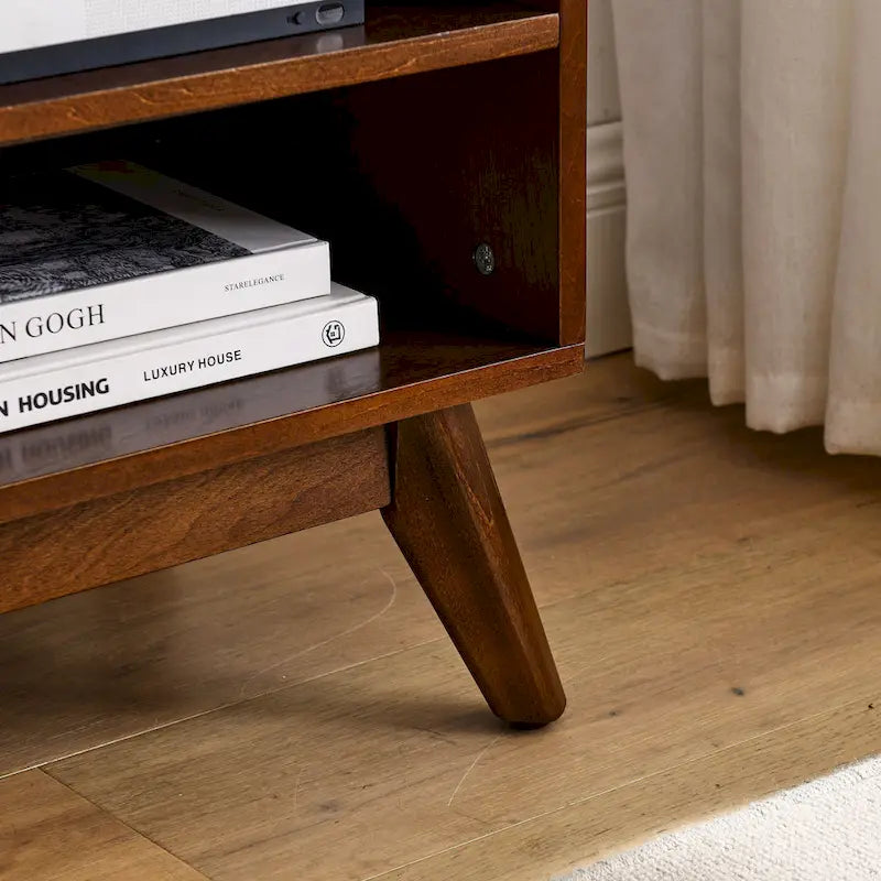 Walnut 59  TV Stand with Open Shelves & Rattan Doors for 65  TVs