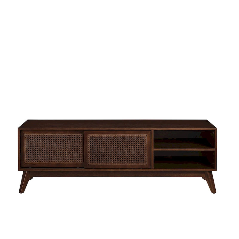 Walnut 59  TV Stand with Open Shelves & Rattan Doors for 65  TVs