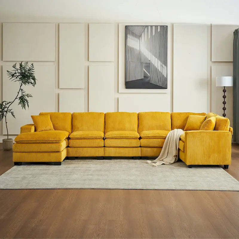 Yellow 118.1  Luxurious U-Shaped 6-Seat Sectional Sofa with Ottoman and 3 Throw Pillows in Durable Corduroy