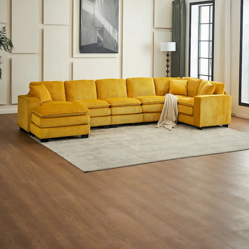Yellow 118.1  Luxurious U-Shaped 6-Seat Sectional Sofa with Ottoman and 3 Throw Pillows in Durable Corduroy