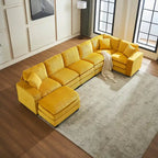 Yellow 118.1  Luxurious U-Shaped 6-Seat Sectional Sofa with Ottoman and 3 Throw Pillows in Durable Corduroy