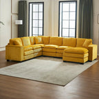 Yellow 118.1  Luxurious U-Shaped 6-Seat Sectional Sofa with Ottoman and 3 Throw Pillows in Durable Corduroy