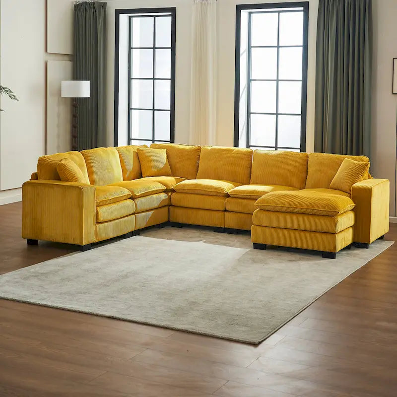 Yellow 118.1  Luxurious U-Shaped 6-Seat Sectional Sofa with Ottoman and 3 Throw Pillows in Durable Corduroy