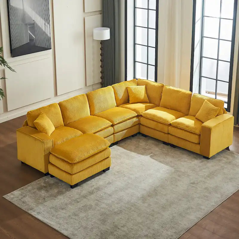 Yellow 118.1  Luxurious U-Shaped 6-Seat Sectional Sofa with Ottoman and 3 Throw Pillows in Durable Corduroy