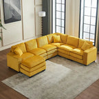 Yellow 118.1  Luxurious U-Shaped 6-Seat Sectional Sofa with Ottoman and 3 Throw Pillows in Durable Corduroy