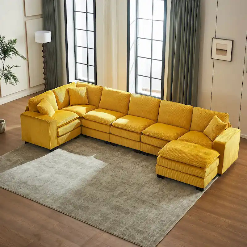 Yellow 118.1  Luxurious U-Shaped 6-Seat Sectional Sofa with Ottoman and 3 Throw Pillows in Durable Corduroy