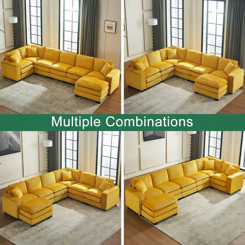 Yellow 118.1  Luxurious U-Shaped 6-Seat Sectional Sofa with Ottoman and 3 Throw Pillows in Durable Corduroy