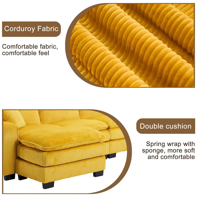Yellow 118.1  Luxurious U-Shaped 6-Seat Sectional Sofa with Ottoman and 3 Throw Pillows in Durable Corduroy