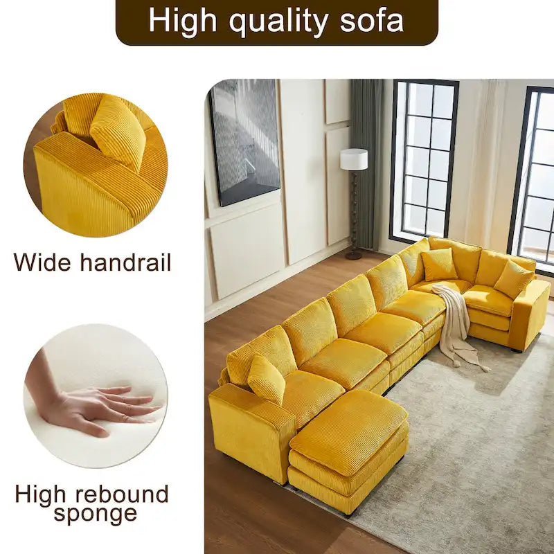 Yellow 118.1  Luxurious U-Shaped 6-Seat Sectional Sofa with Ottoman and 3 Throw Pillows in Durable Corduroy