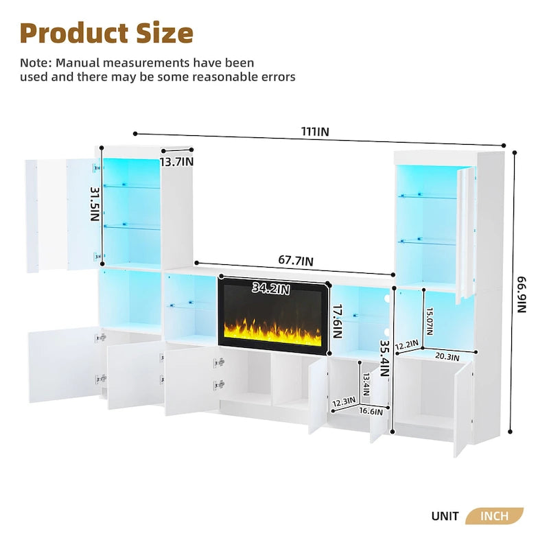 TV Stand with 34.2  Non-heating Electric Fireplace,Entertainment Center with LED Light,Tempered Glass Shelves for TVs up to 75