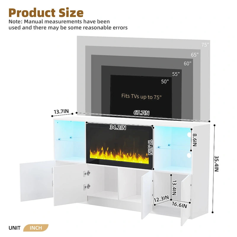 TV Stand with 34.2  Non-heating Electric Fireplace,Entertainment Center with LED Light,Tempered Glass Shelves for TVs up to 75