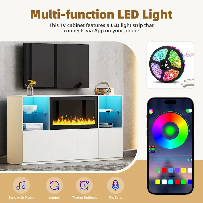 TV Stand with 34.2  Non-heating Electric Fireplace,Entertainment Center with LED Light,Tempered Glass Shelves for TVs up to 75