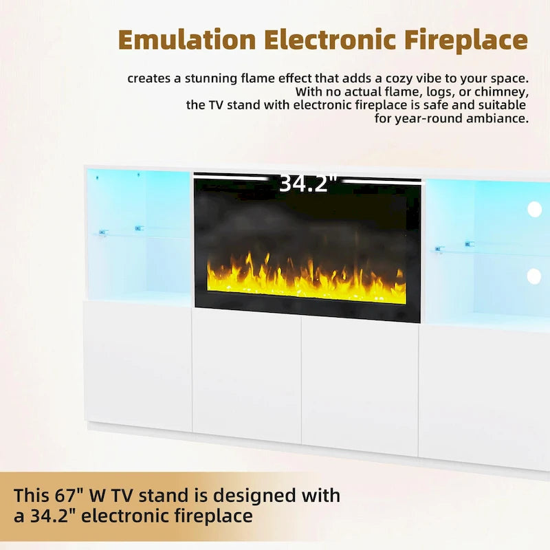 TV Stand with 34.2  Non-heating Electric Fireplace,Entertainment Center with LED Light,Tempered Glass Shelves for TVs up to 75