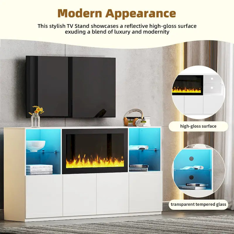TV Stand with 34.2  Non-heating Electric Fireplace,Entertainment Center with LED Light,Tempered Glass Shelves for TVs up to 75