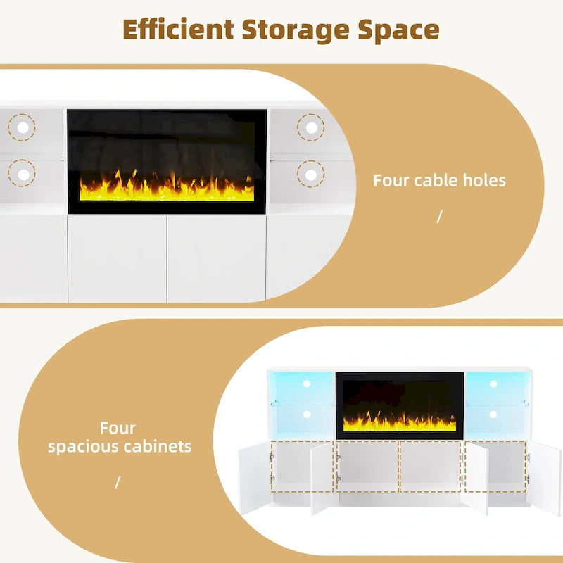 TV Stand with 34.2  Non-heating Electric Fireplace,Entertainment Center with LED Light,Tempered Glass Shelves for TVs up to 75