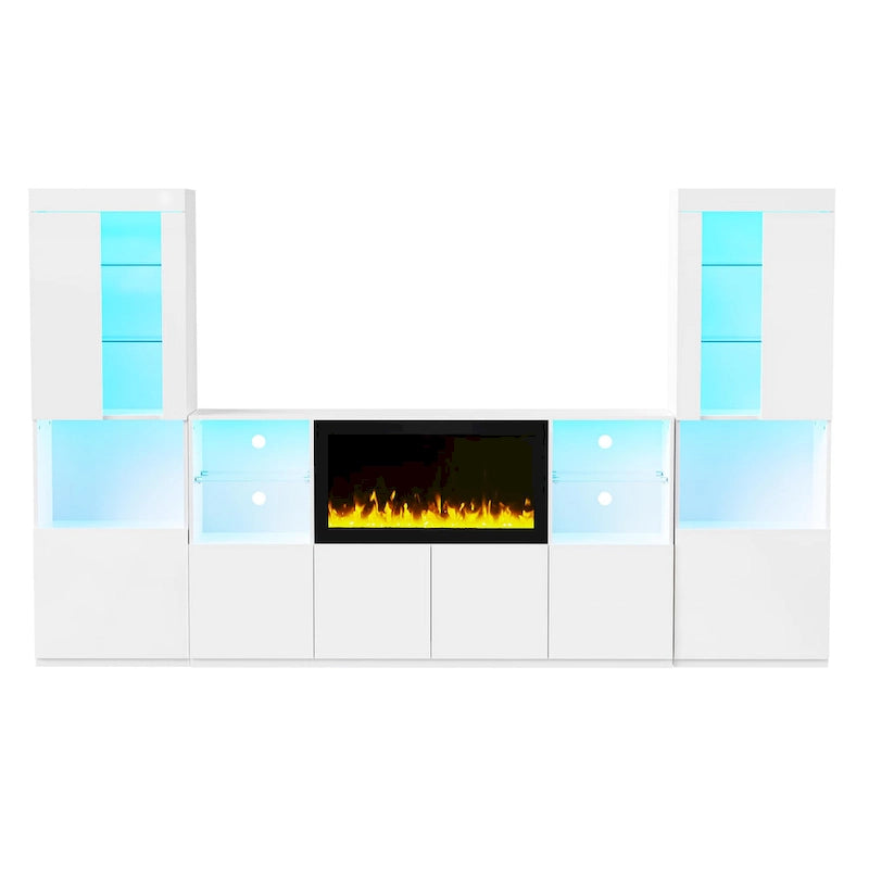 TV Stand with 34.2  Non-heating Electric Fireplace,Entertainment Center with LED Light,Tempered Glass Shelves for TVs up to 75