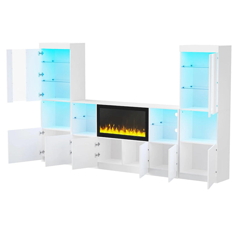 TV Stand with 34.2  Non-heating Electric Fireplace,Entertainment Center with LED Light,Tempered Glass Shelves for TVs up to 75