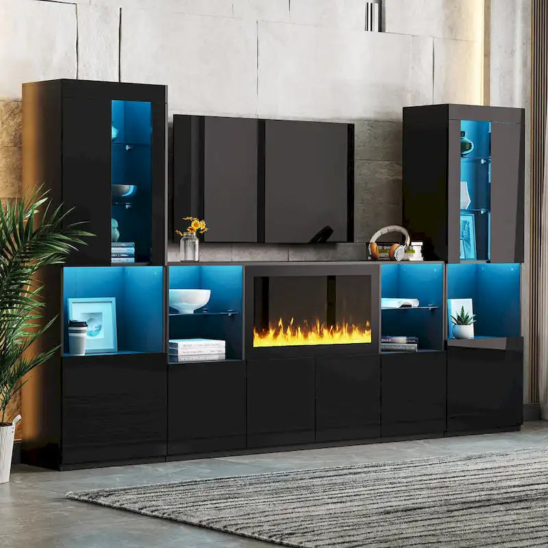 TV Stand with 34.2  Non-heating Electric Fireplace,Entertainment Center with LED Light,Tempered Glass Shelves for TVs up to 75