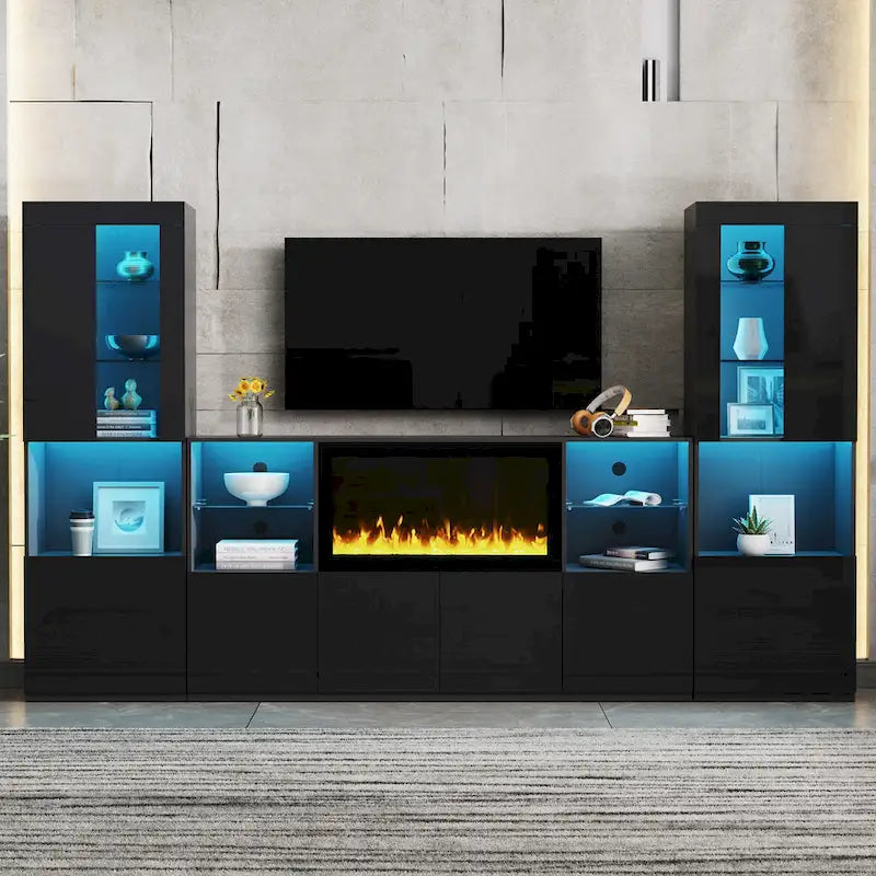 TV Stand with 34.2  Non-heating Electric Fireplace,Entertainment Center with LED Light,Tempered Glass Shelves for TVs up to 75