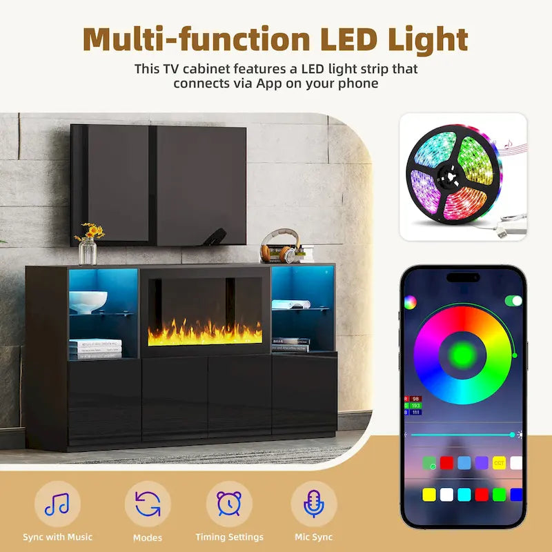 TV Stand with 34.2  Non-heating Electric Fireplace,Entertainment Center with LED Light,Tempered Glass Shelves for TVs up to 75