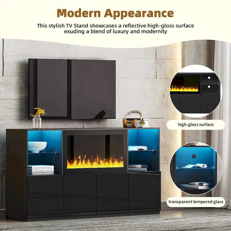 TV Stand with 34.2  Non-heating Electric Fireplace,Entertainment Center with LED Light,Tempered Glass Shelves for TVs up to 75