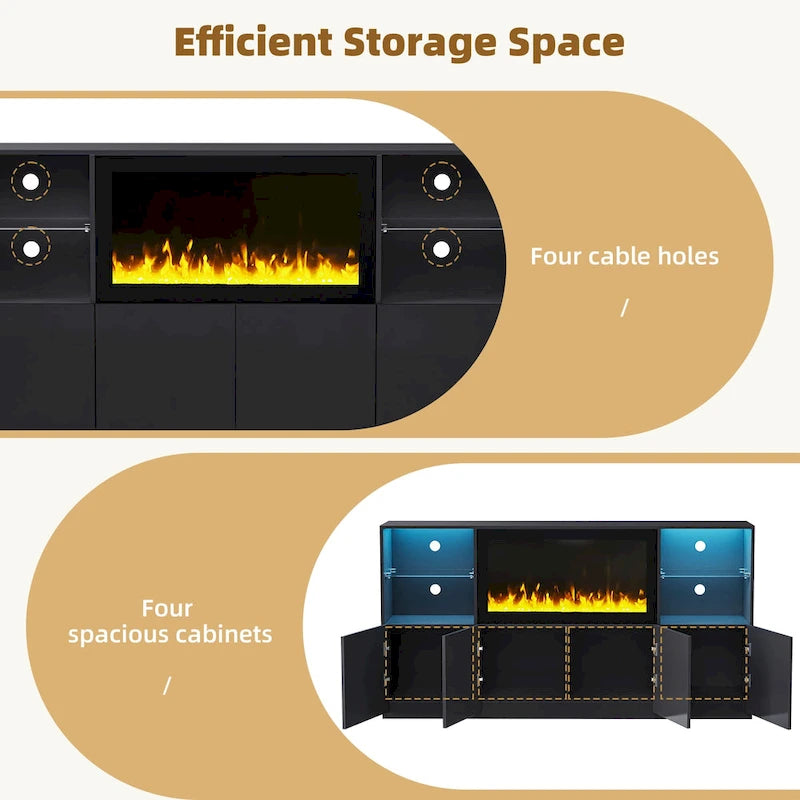 TV Stand with 34.2  Non-heating Electric Fireplace,Entertainment Center with LED Light,Tempered Glass Shelves for TVs up to 75