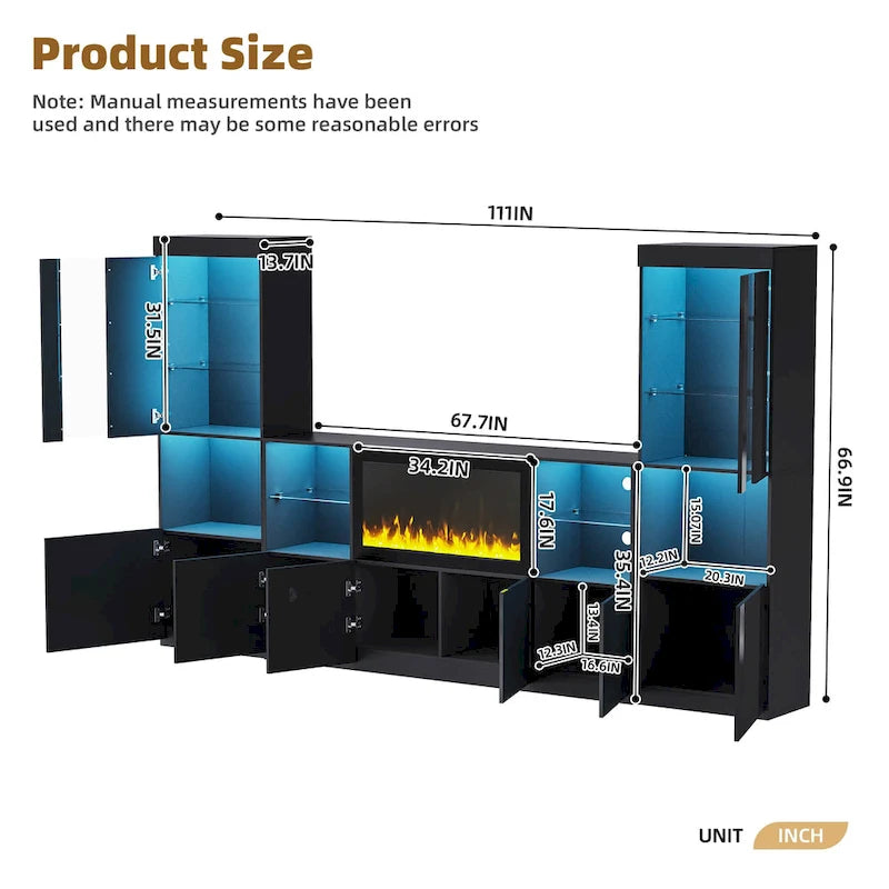 TV Stand with 34.2  Non-heating Electric Fireplace,Entertainment Center with LED Light,Tempered Glass Shelves for TVs up to 75
