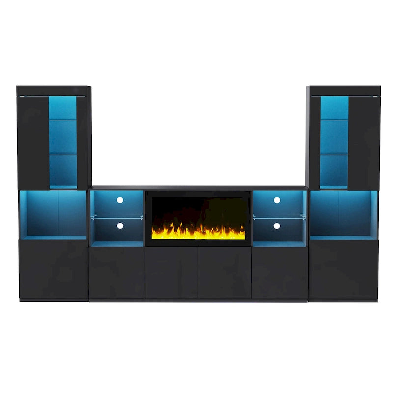 TV Stand with 34.2  Non-heating Electric Fireplace,Entertainment Center with LED Light,Tempered Glass Shelves for TVs up to 75