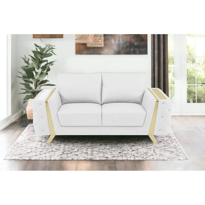HomeRoots 72  White And Gold Genuine Leather Loveseat