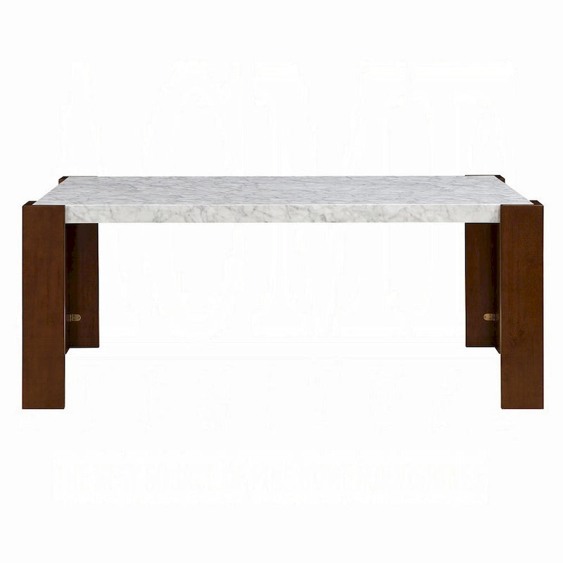 Dining Table, 72 Inch White Rectangular Faux Marble Top, Brown Wood