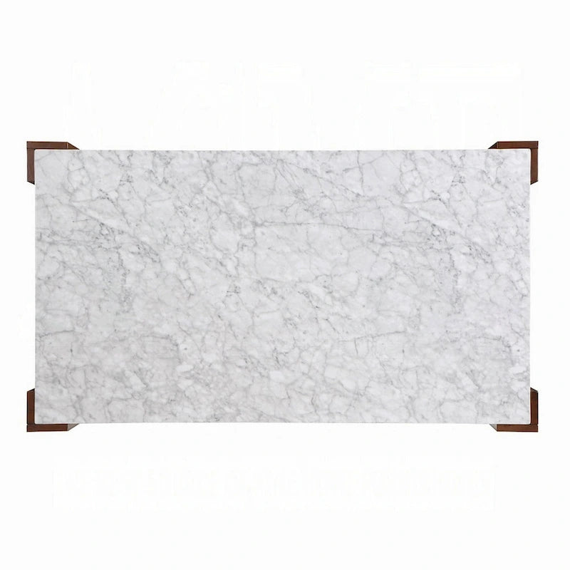 Dining Table, 72 Inch White Rectangular Faux Marble Top, Brown Wood