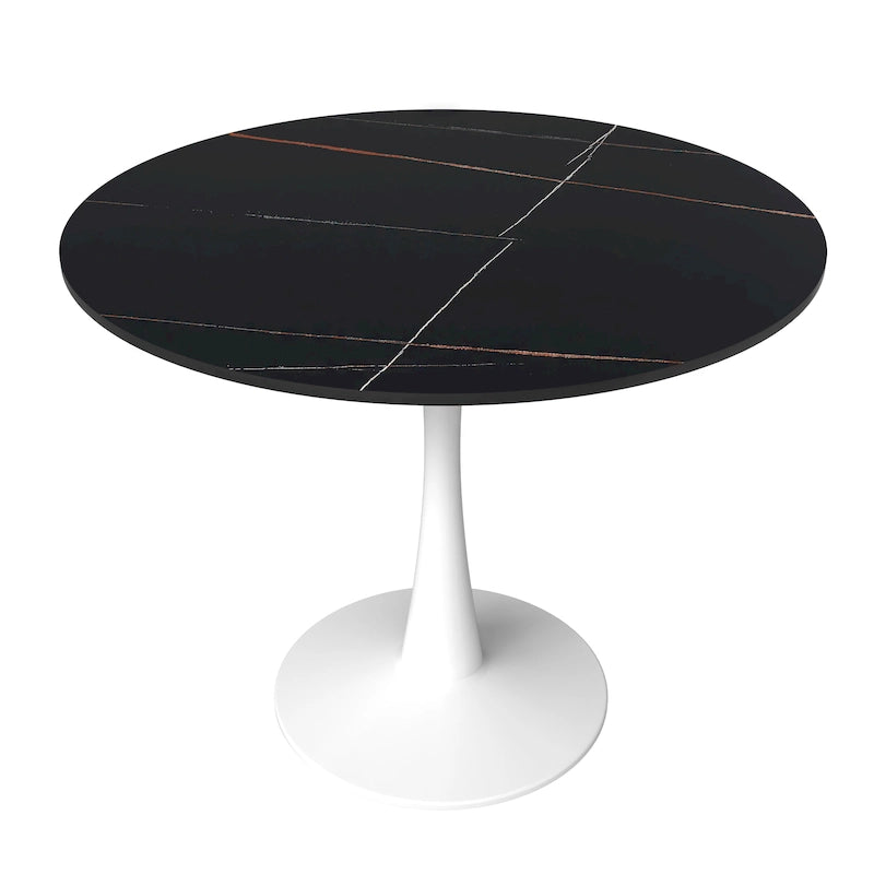 Bristol 31  Modern Round Dining Table with Sintered Stone Top & White Stainless Steel Pedestal Base for Dining Room and Kitchen