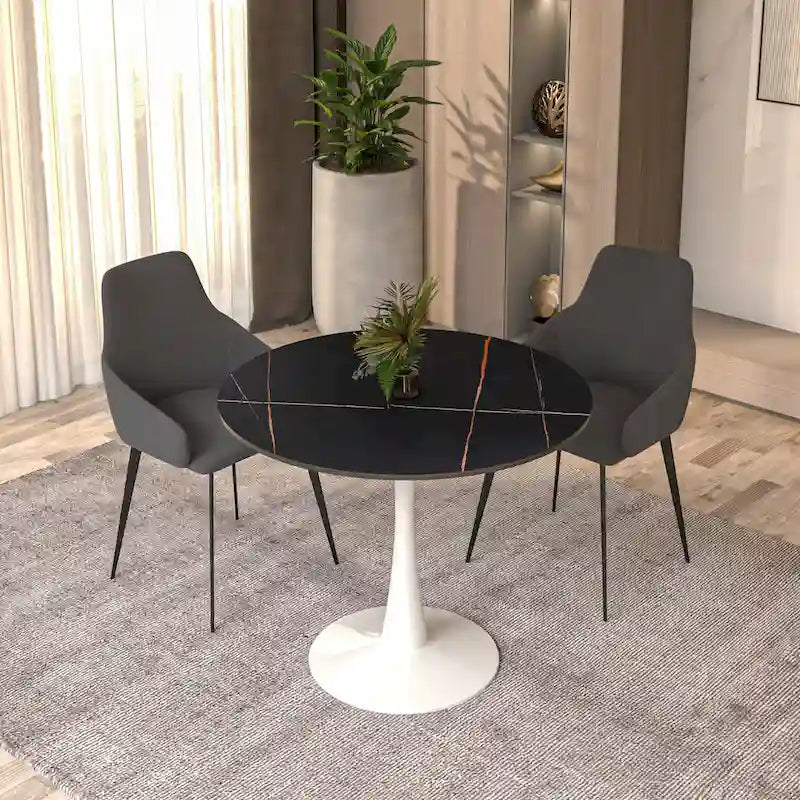 Bristol 31  Modern Round Dining Table with Sintered Stone Top & White Stainless Steel Pedestal Base for Dining Room and Kitchen