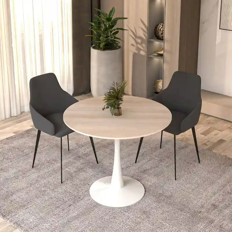 Bristol 31  Modern Round Dining Table with Sintered Stone Top & White Stainless Steel Pedestal Base for Dining Room and Kitchen