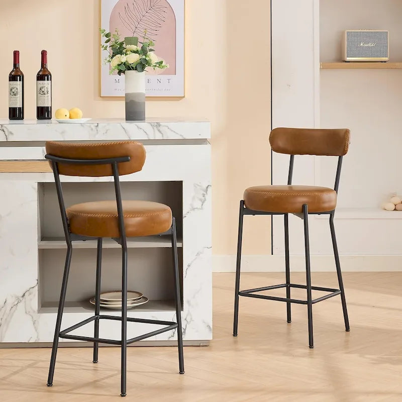27  Modern Counter Stools Set of 2, Leather Bar Stools with Back & Pedals & Metal Legs