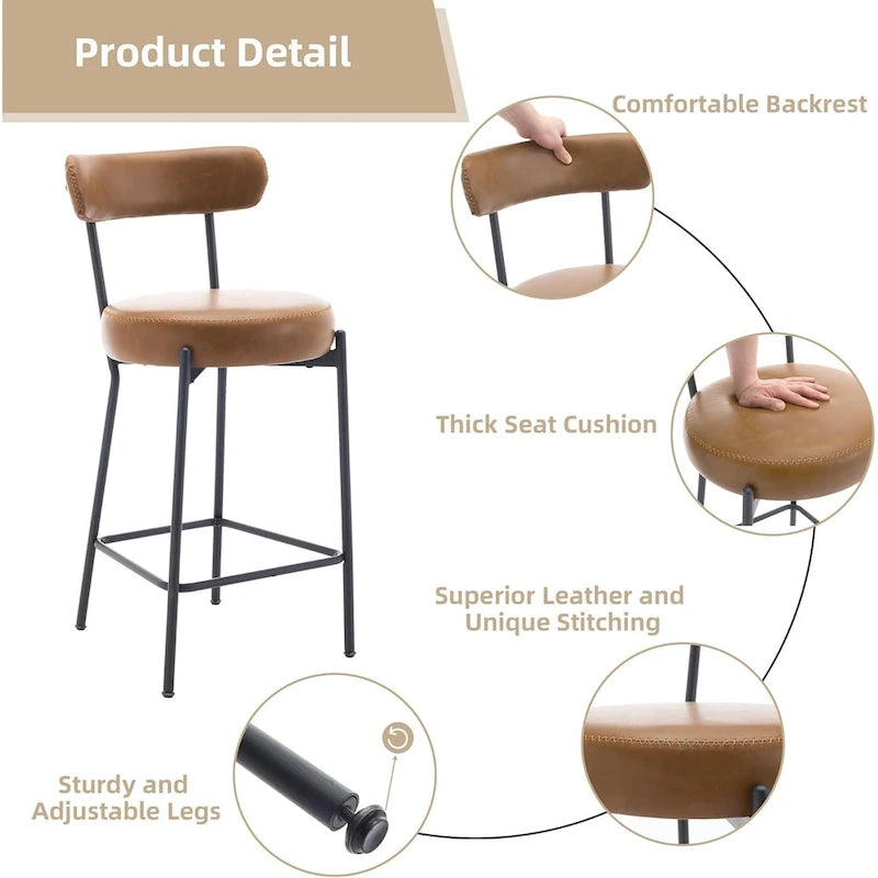 27  Modern Counter Stools Set of 2, Leather Bar Stools with Back & Pedals & Metal Legs