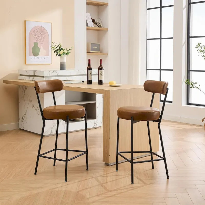 27  Modern Counter Stools Set of 2, Leather Bar Stools with Back & Pedals & Metal Legs