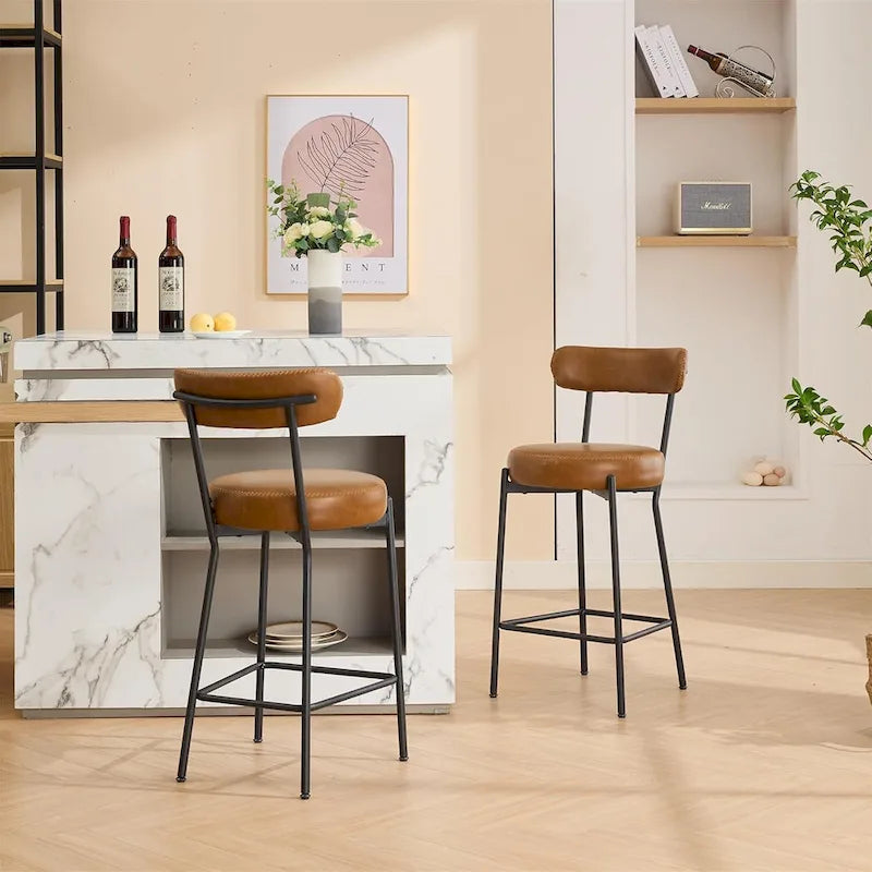 27  Modern Counter Stools Set of 2, Leather Bar Stools with Back & Pedals & Metal Legs