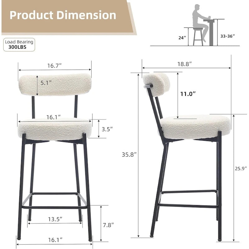 27  Modern Counter Stools Set of 2, Leather Bar Stools with Back & Pedals & Metal Legs