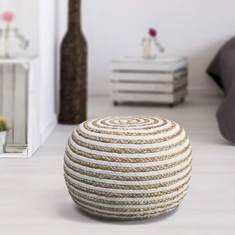20  Tan and White Two Tone Hand Knitted Round Pouf Ottoman
