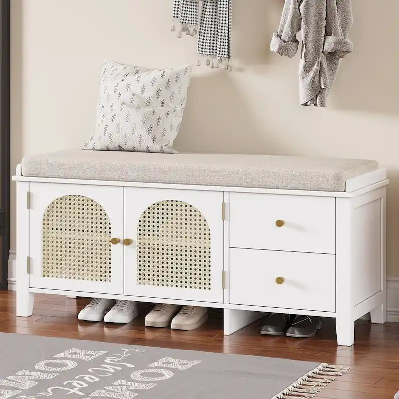Storage Bench with Cushion,2 Drawers and Rattan Doors for Entryway
